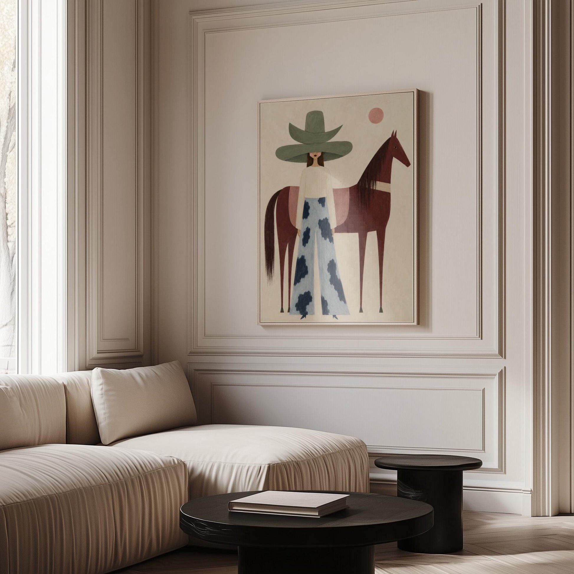 Woman in a pink bonnet standing beside a tall olive green folk horse, canvas wall art styled against a soft white wall