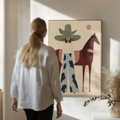 Woman in a pink bonnet standing beside a tall olive green folk horse, canvas print on a quiet wall in a considered interior