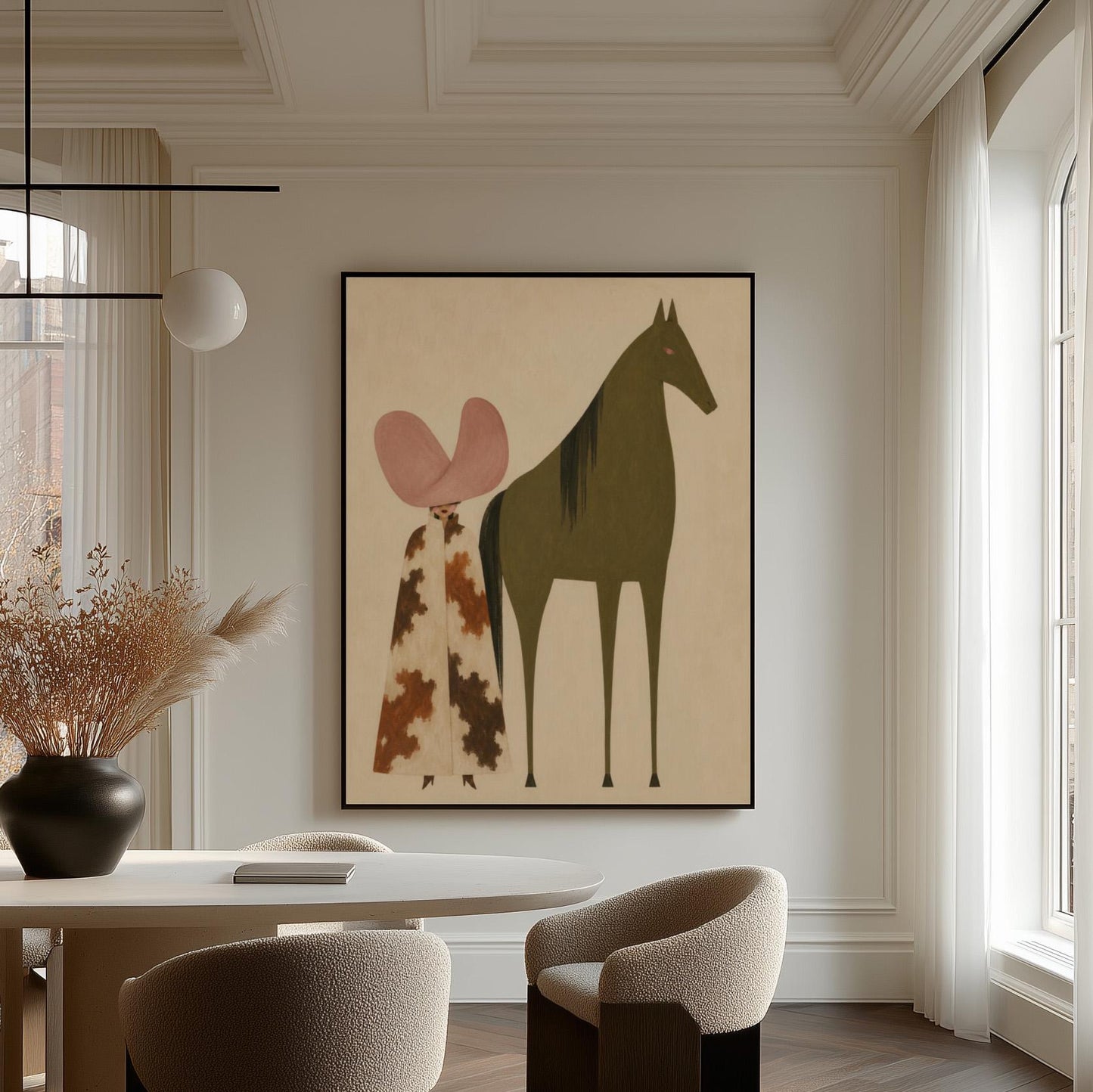 Cowgirl in a green hat and spotted pants before a deep maroon folk horse, canvas print hanging in a calm, modern living space