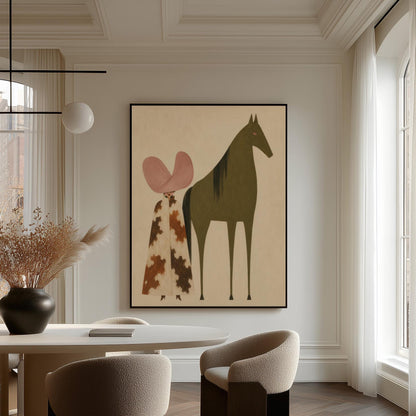 Cowgirl in a green hat and spotted pants before a deep maroon folk horse, canvas print hanging in a calm, modern living space