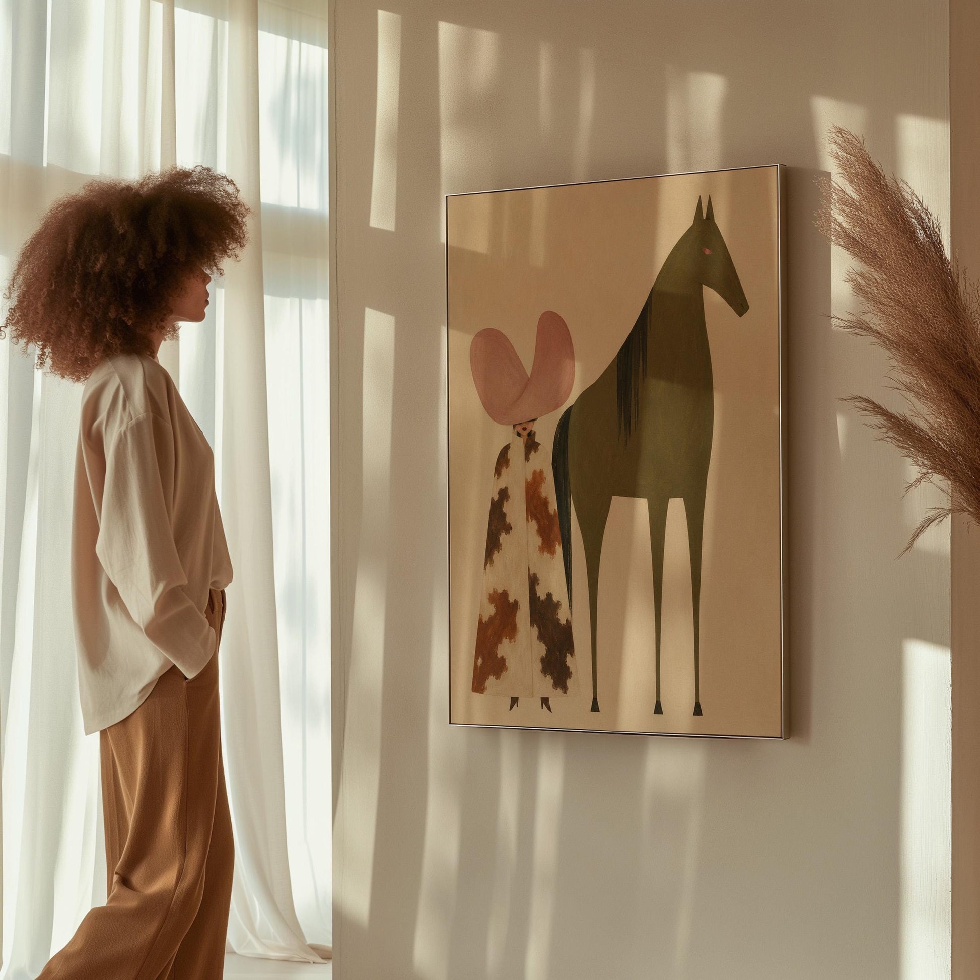Cowgirl in a green hat and spotted pants before a deep maroon folk horse, canvas print styled against a soft white wall