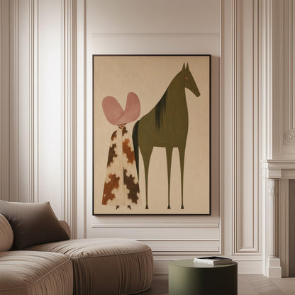 Cowgirl in a green hat and spotted pants before a deep maroon folk horse, canvas print on a softly lit wall in a calm interior