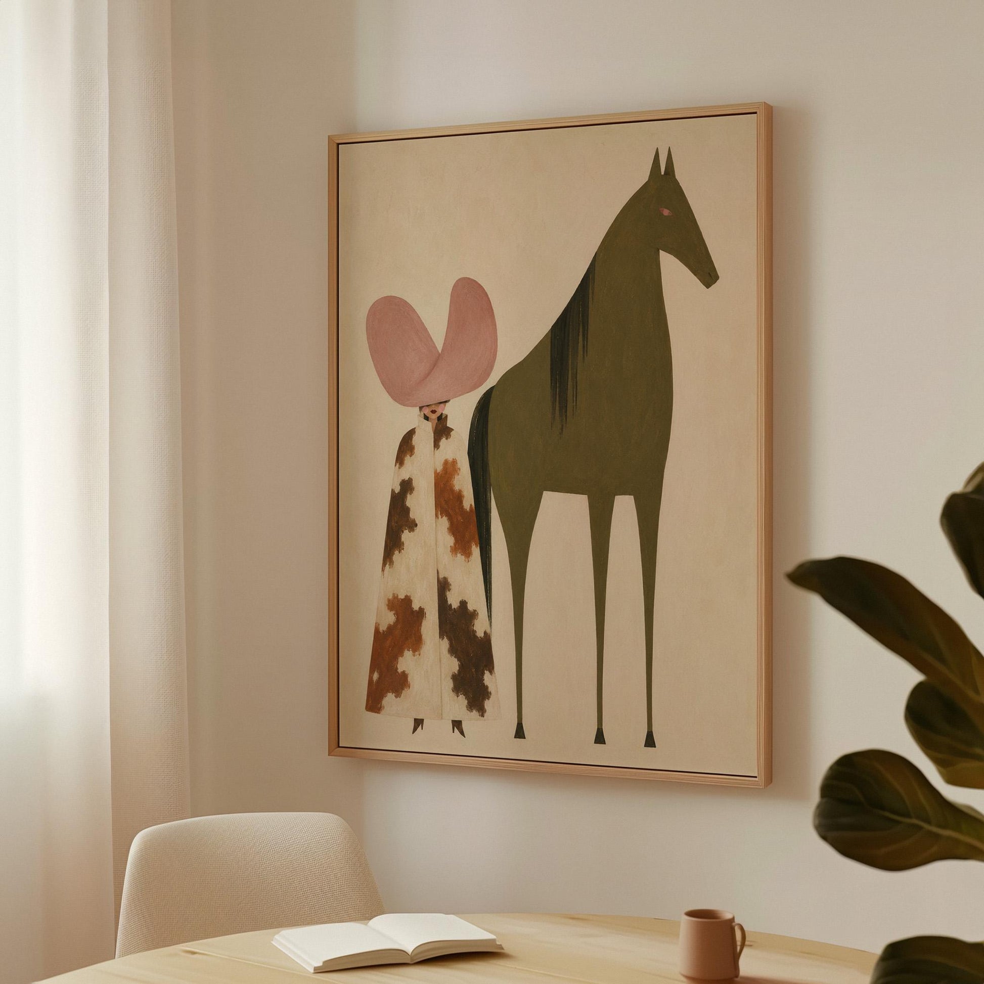 Cowgirl in a green hat and spotted pants before a deep maroon folk horse, canvas wall art seen in a warm interior with natural light