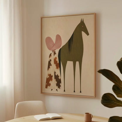 Cowgirl in a green hat and spotted pants before a deep maroon folk horse, canvas wall art seen in a warm interior with natural light