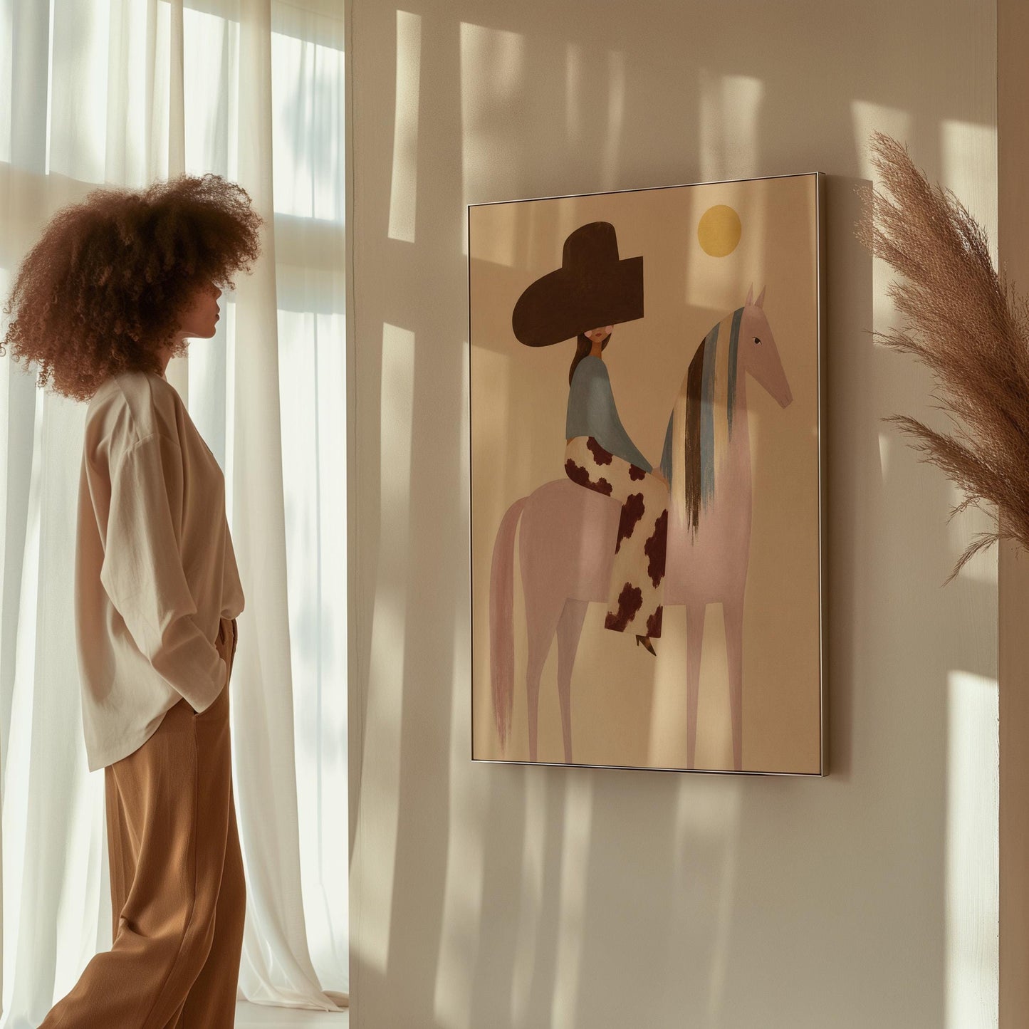 Woman in a large brown hat riding a soft pink horse with a striped mane, canvas wall art hanging in a calm, modern living space