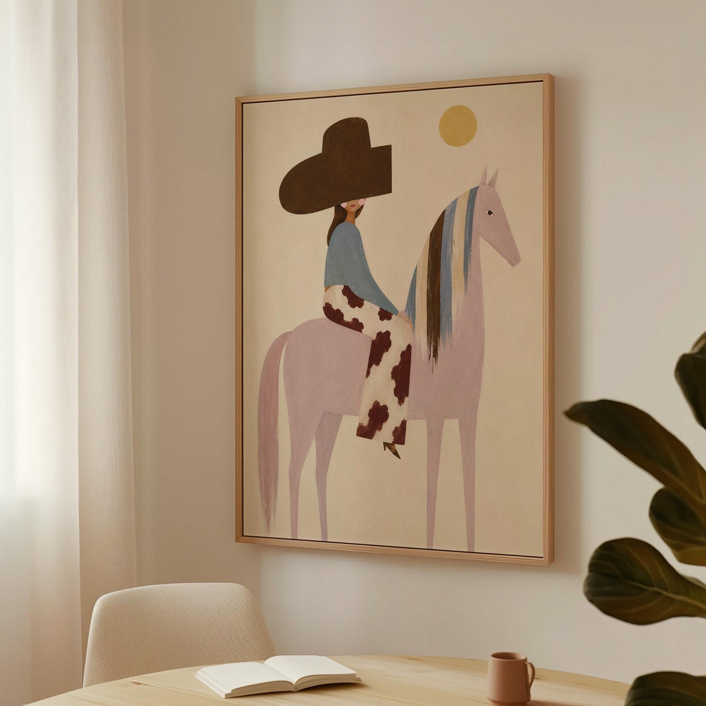 Woman in a large brown hat riding a soft pink horse with a striped mane, canvas wall art seen in a warm interior with natural light