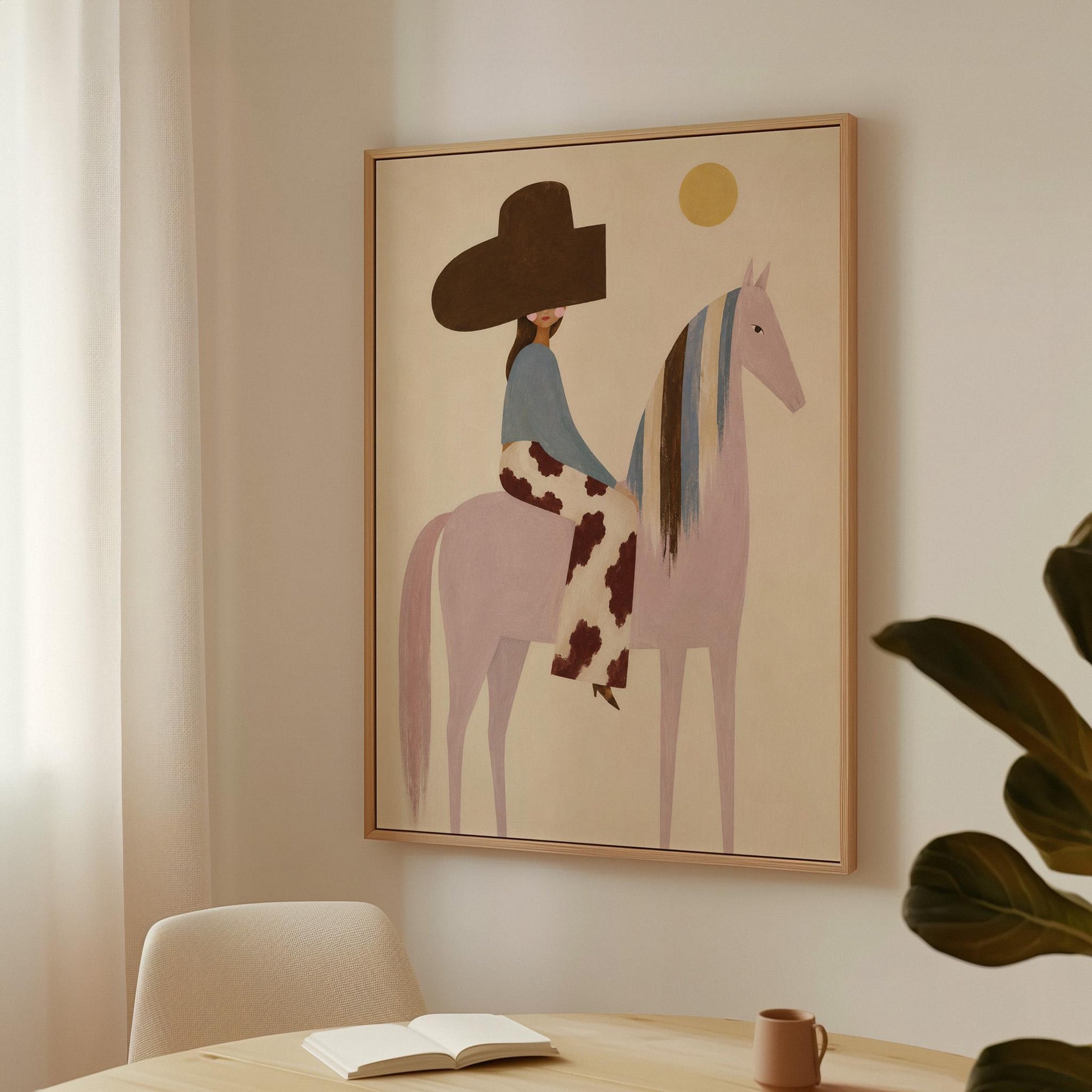 Woman in a large brown hat riding a soft pink horse with a striped mane, canvas wall art seen in a warm interior with natural light