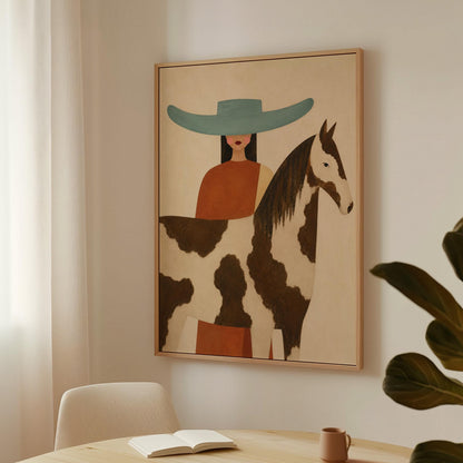 Woman in a teal hat beside a brown and white pinto horse in warm light, canvas wall art styled against a soft white wall