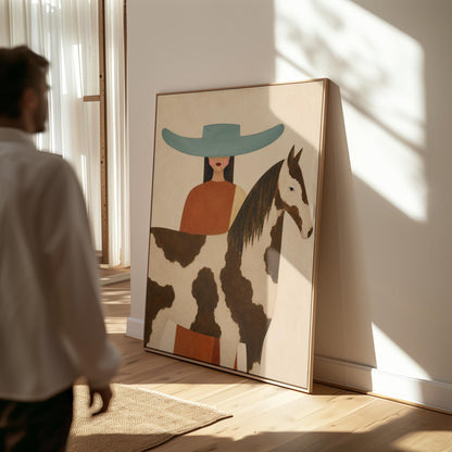 Woman in a teal hat beside a brown and white pinto horse in warm light, canvas wall art seen in a warm interior with natural light