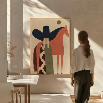 Cowgirl in a black sombrero and cow print cape beside a rust red horse, canvas print styled against a soft white wall