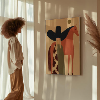 Cowgirl in a black sombrero and cow print cape beside a rust red horse, canvas wall art on a quiet wall in a considered interior