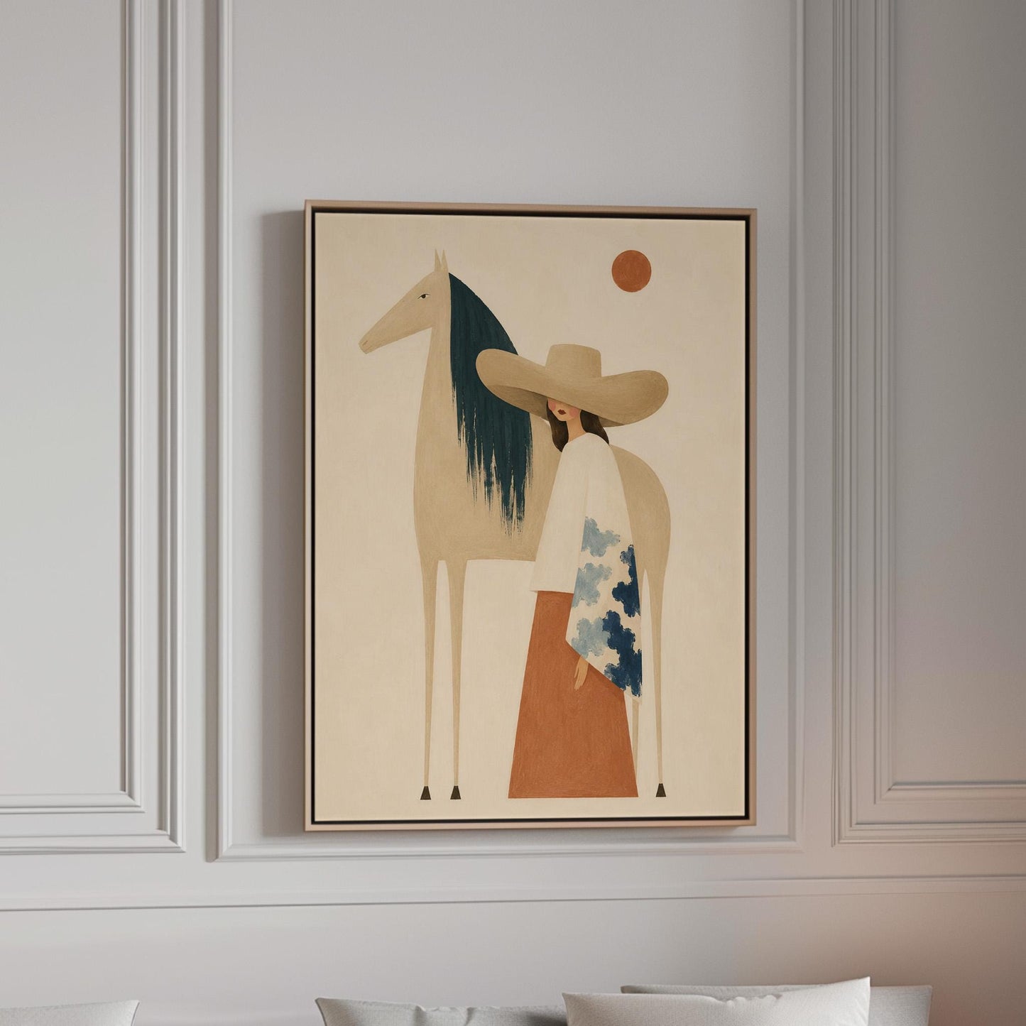 Woman in a broad tan hat beside a cream horse with a teal mane at sunset, canvas print in a bright room with natural daylight