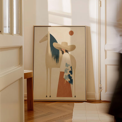 Woman in a broad tan hat beside a cream horse with a teal mane at sunset, canvas print seen in a warm interior with natural light
