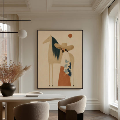 Woman in a broad tan hat beside a cream horse with a teal mane at sunset, canvas print shown in a sunlit, contemporary room