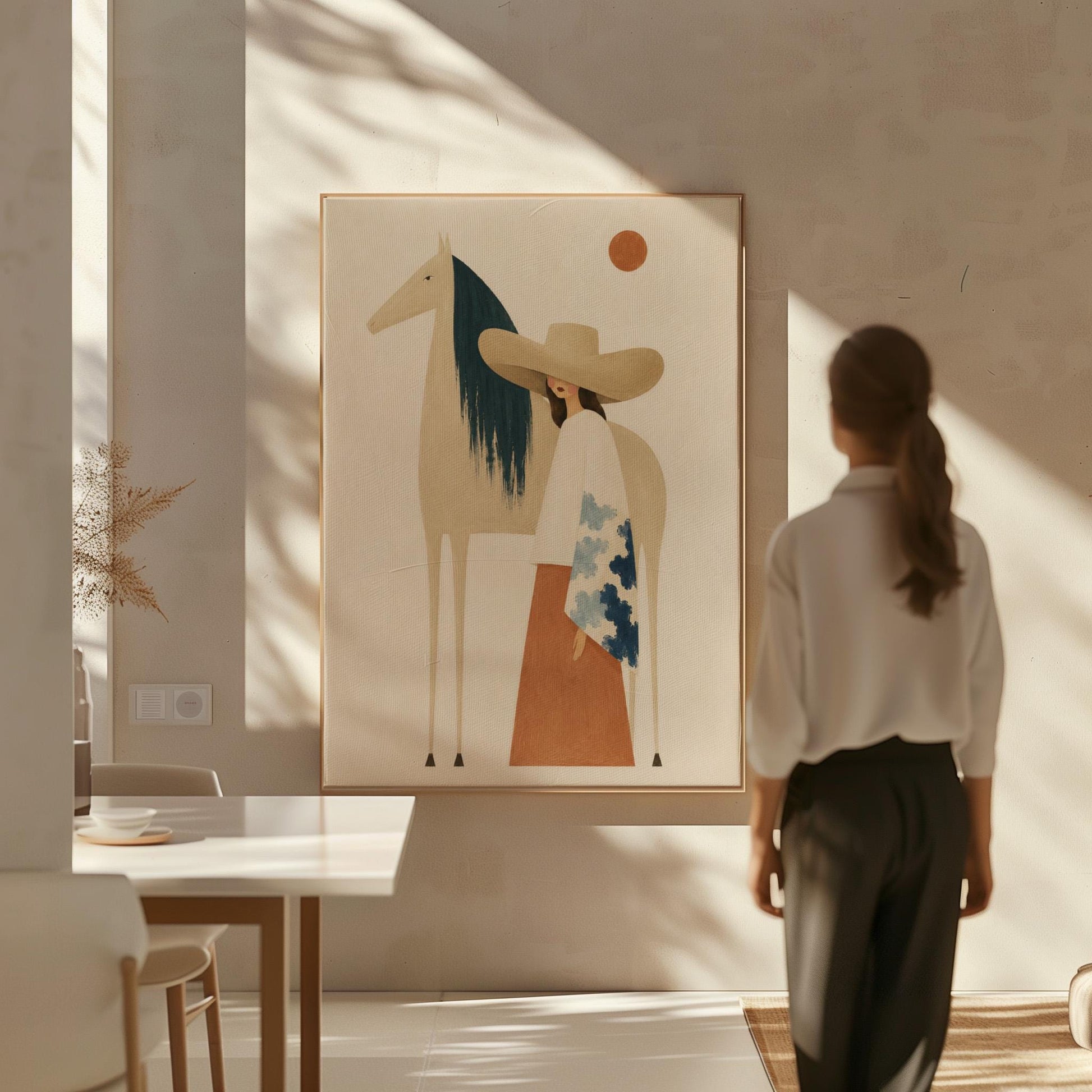 Woman in a broad tan hat beside a cream horse with a teal mane at sunset, canvas wall art seen in a warm interior with natural light