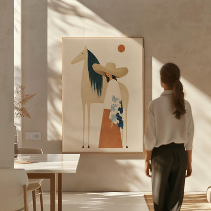 Woman in a broad tan hat beside a cream horse with a teal mane at sunset, canvas wall art seen in a warm interior with natural light