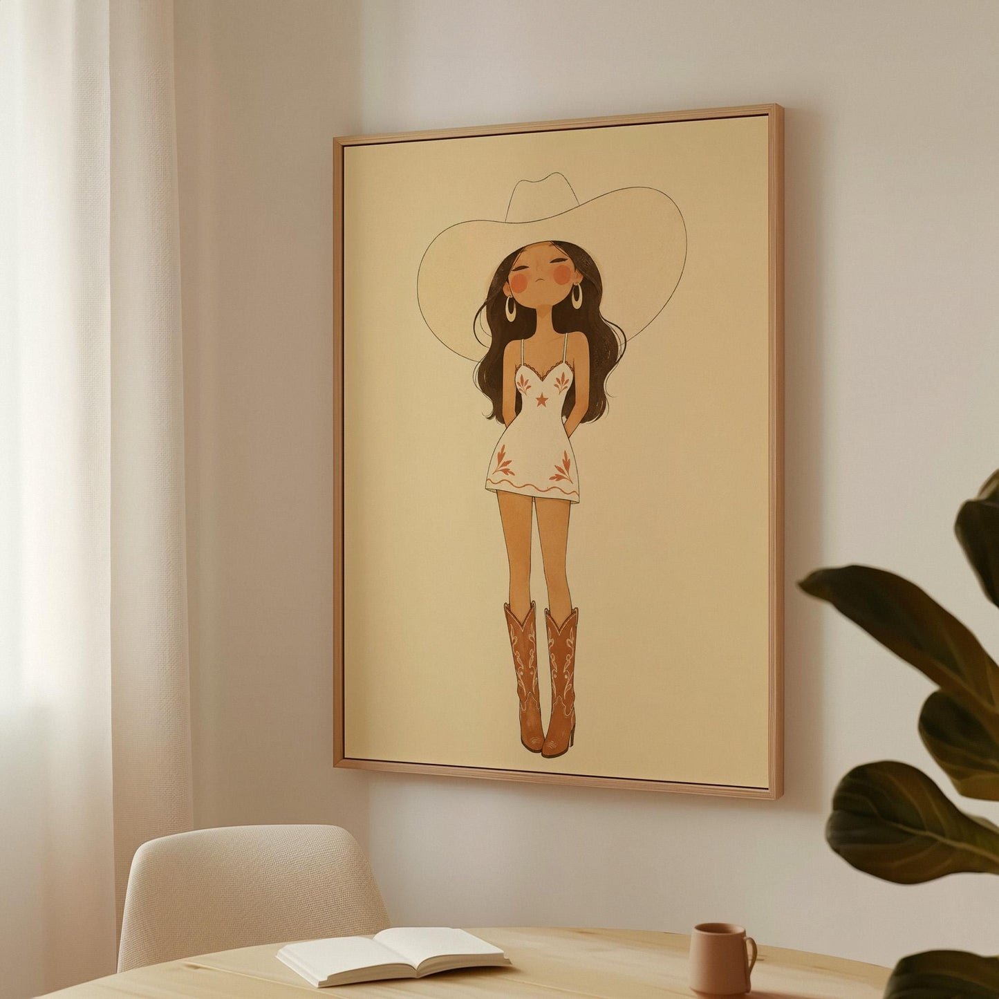 Cowgirl in a white dress, pale cowboy hat and tan boots on a cream ground, canvas print styled against a soft white wall