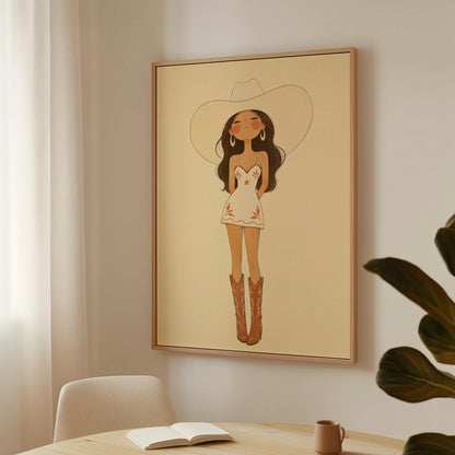 Cowgirl in a white dress, pale cowboy hat and tan boots on a cream ground, canvas print styled against a soft white wall