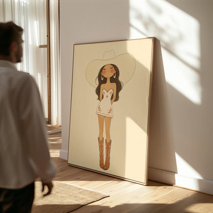 Cowgirl in a white dress, pale cowboy hat and tan boots on a cream ground, canvas print shown in a sunlit, contemporary room