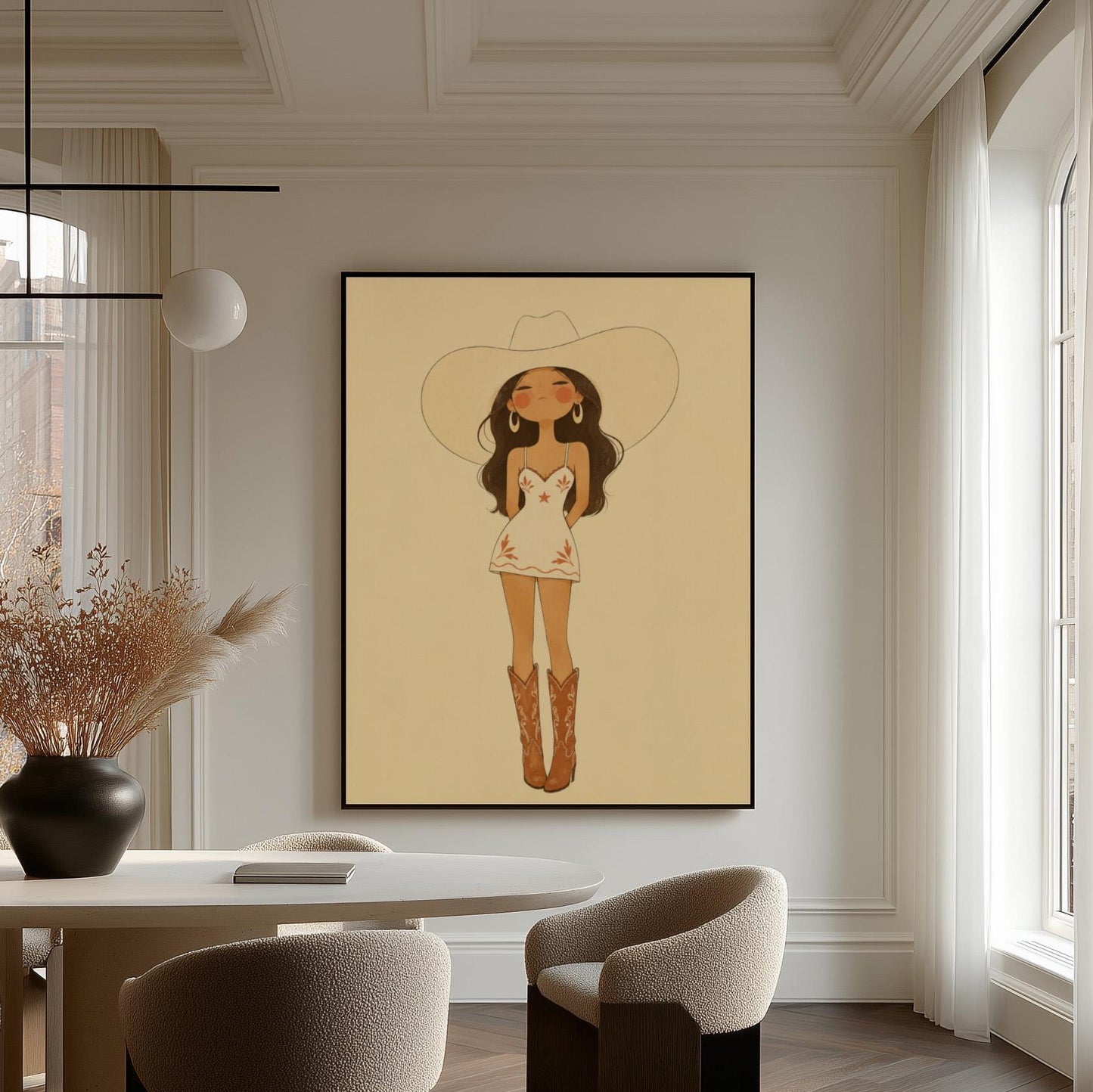 Cowgirl in a white dress, pale cowboy hat and tan boots on a cream ground, canvas wall art hanging in a calm, modern living space