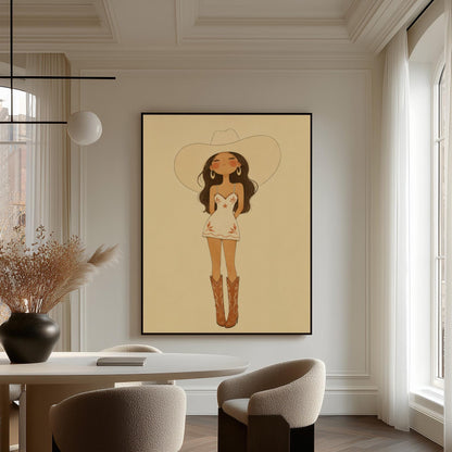 Cowgirl in a white dress, pale cowboy hat and tan boots on a cream ground, canvas wall art hanging in a calm, modern living space
