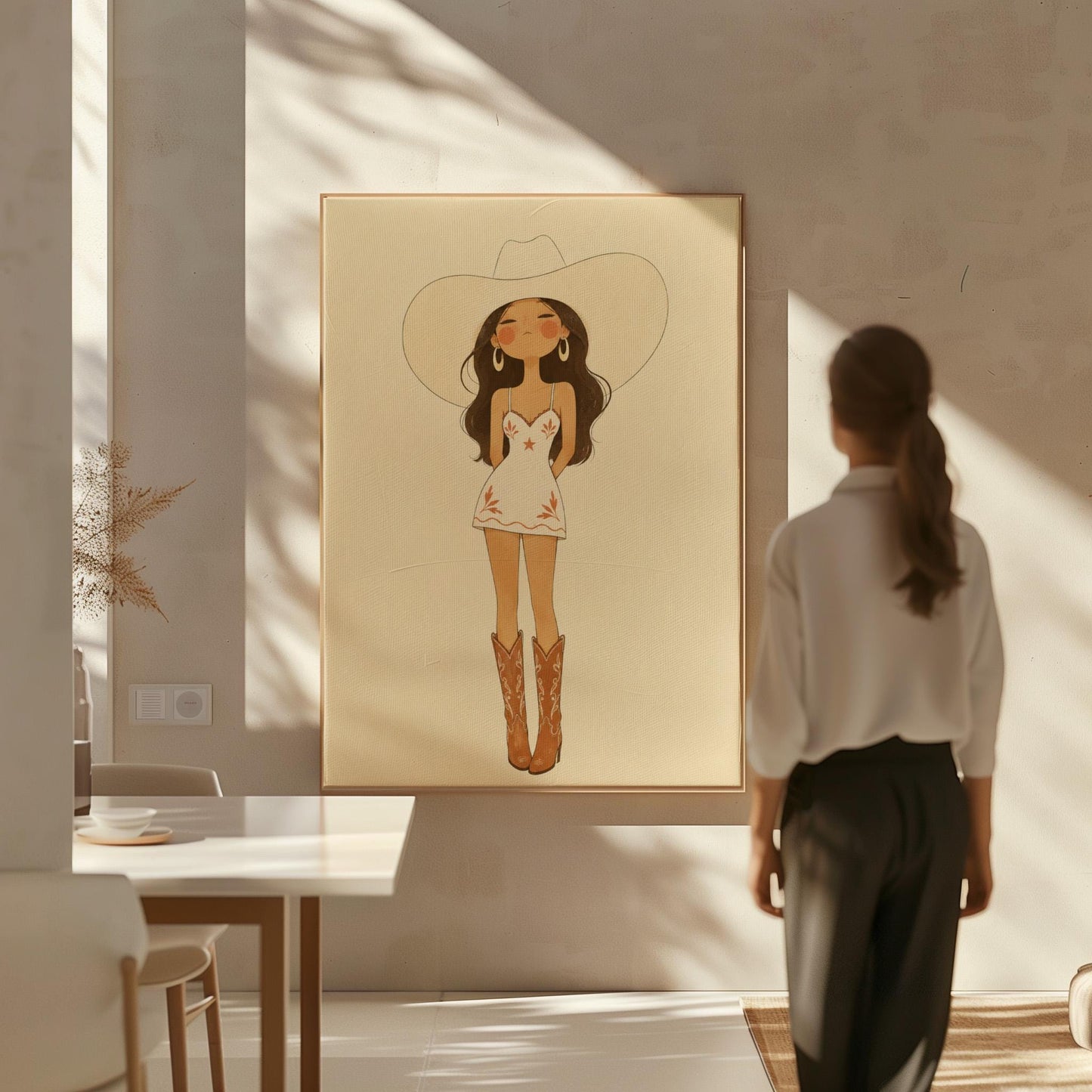 Cowgirl in a white dress, pale cowboy hat and tan boots on a cream ground, canvas wall art styled against a soft white wall