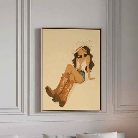 Cowgirl in denim shorts and cowboy boots leaning back under a wide pale hat, canvas print in a bright room with natural daylight