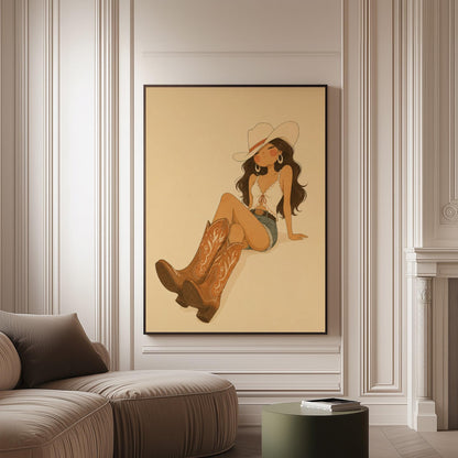 Cowgirl in denim shorts and cowboy boots leaning back under a wide pale hat, canvas print on a softly lit wall in a calm interior