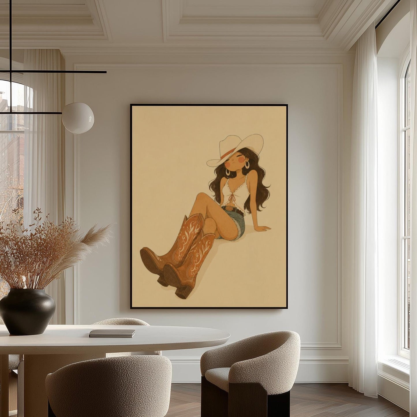 Cowgirl in denim shorts and cowboy boots leaning back under a wide pale hat, canvas print styled against a soft white wall
