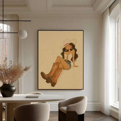 Cowgirl in denim shorts and cowboy boots leaning back under a wide pale hat, canvas print styled against a soft white wall