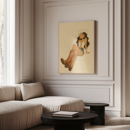 Cowgirl in denim shorts and cowboy boots leaning back under a wide pale hat, canvas wall art seen in a warm interior with natural light