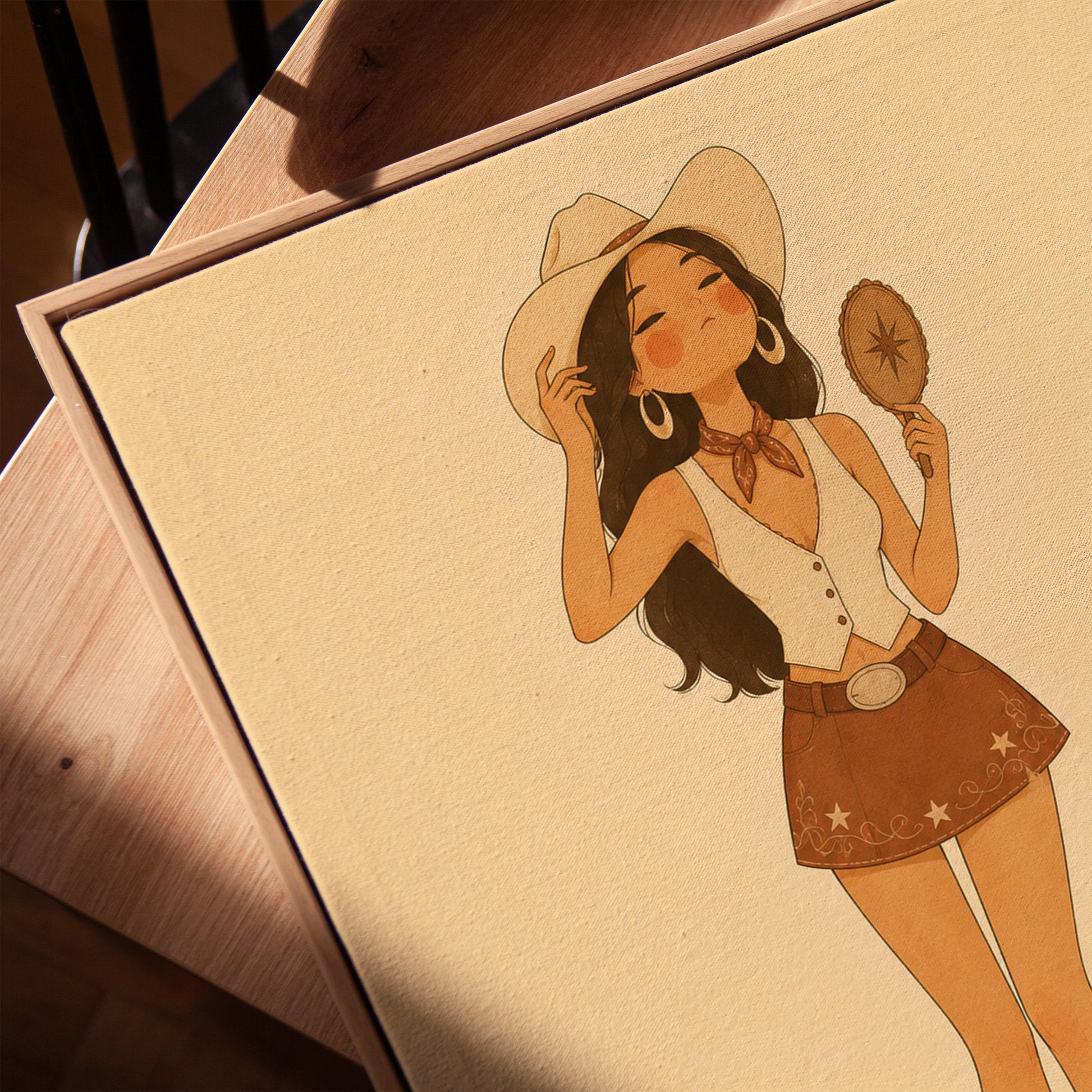 Cowgirl with a hand mirror tipping her hat in a vest and suede mini skirt, canvas print in a warm, minimally styled interior