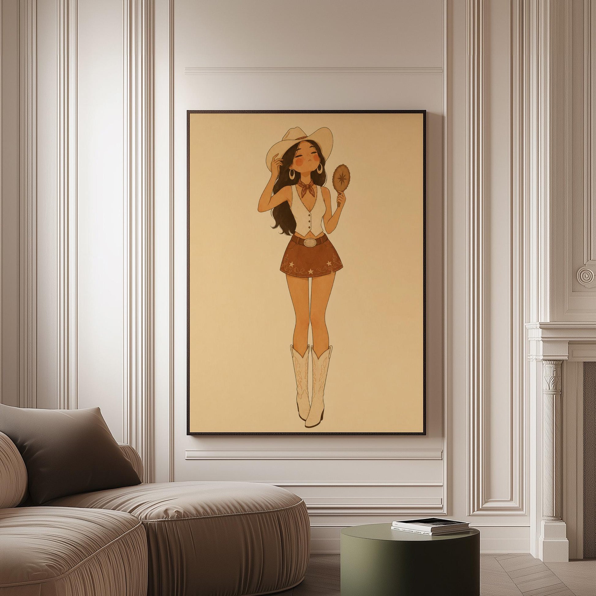 Cowgirl with a hand mirror tipping her hat in a vest and suede mini skirt, canvas print on a softly lit wall in a calm interior