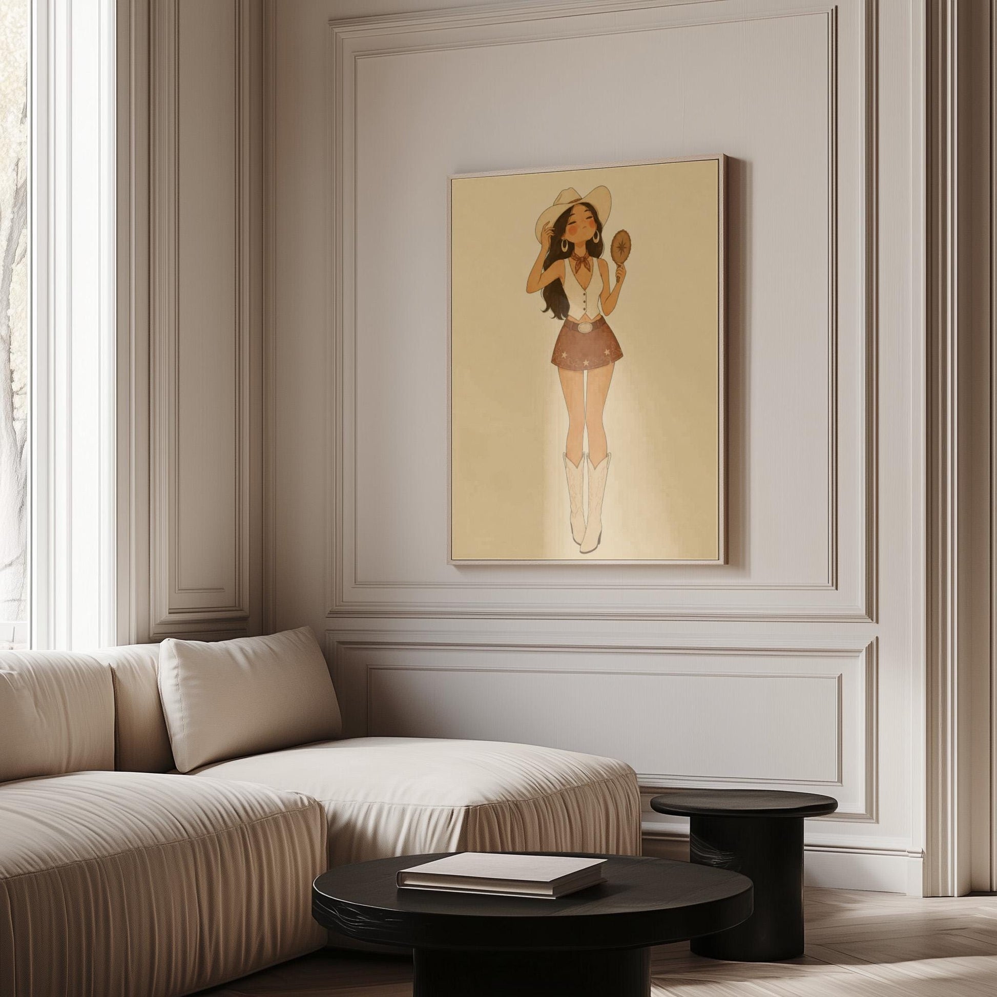 Cowgirl with a hand mirror tipping her hat in a vest and suede mini skirt, canvas print seen in a warm interior with natural light
