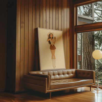 Cowgirl with a hand mirror tipping her hat in a vest and suede mini skirt, canvas print displayed on a neutral wall in a styled interior