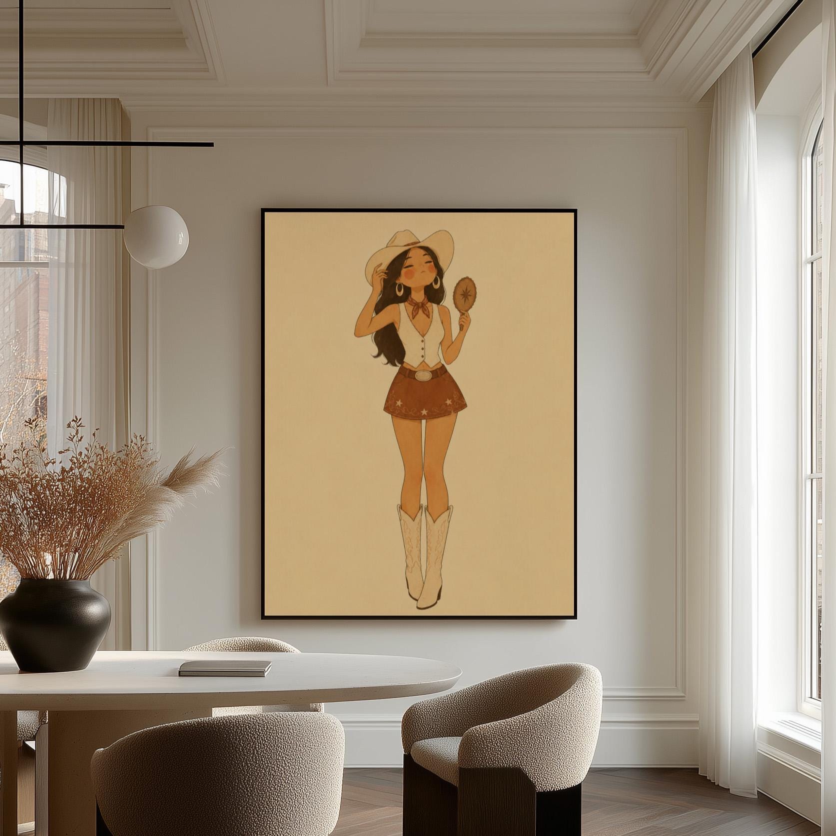 Cowgirl with a hand mirror tipping her hat in a vest and suede mini skirt, canvas wall art seen in a warm interior with natural light
