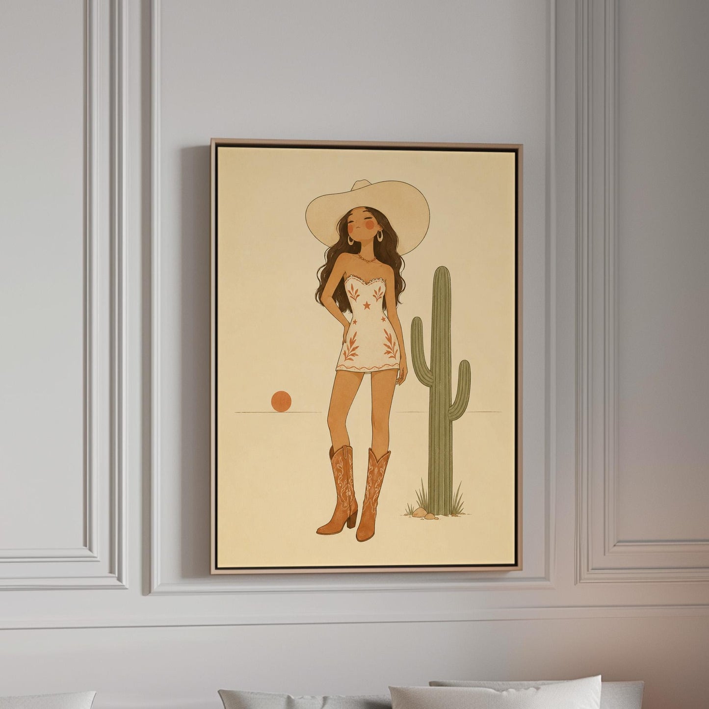 Cowgirl in a white dress and boots beside a saguaro cactus at desert sunset, canvas print in a bright room with natural daylight
