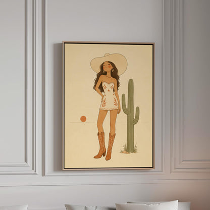 Cowgirl in a white dress and boots beside a saguaro cactus at desert sunset, canvas print in a bright room with natural daylight