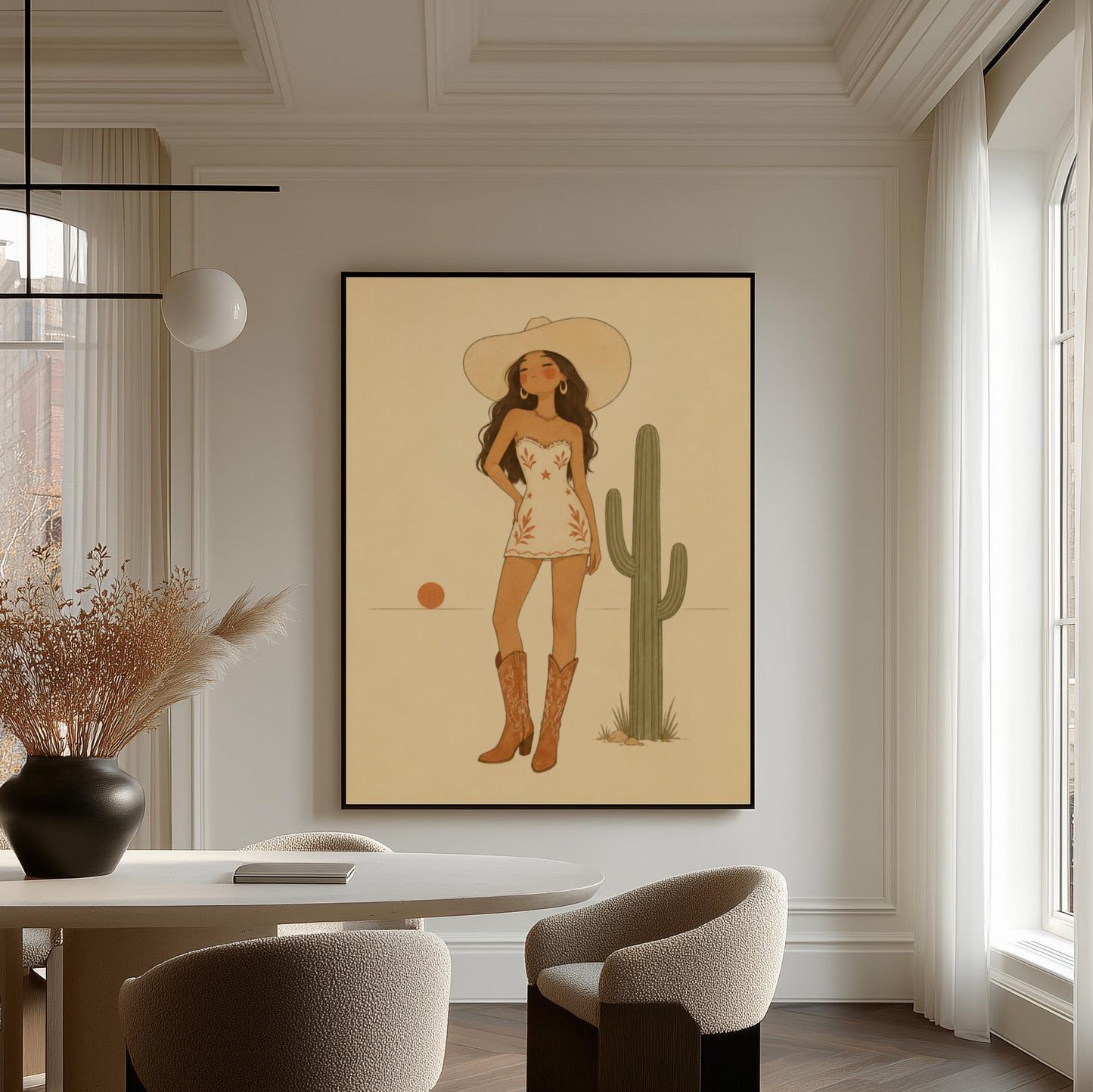 Cowgirl in a white dress and boots beside a saguaro cactus at desert sunset, canvas print styled against a soft white wall