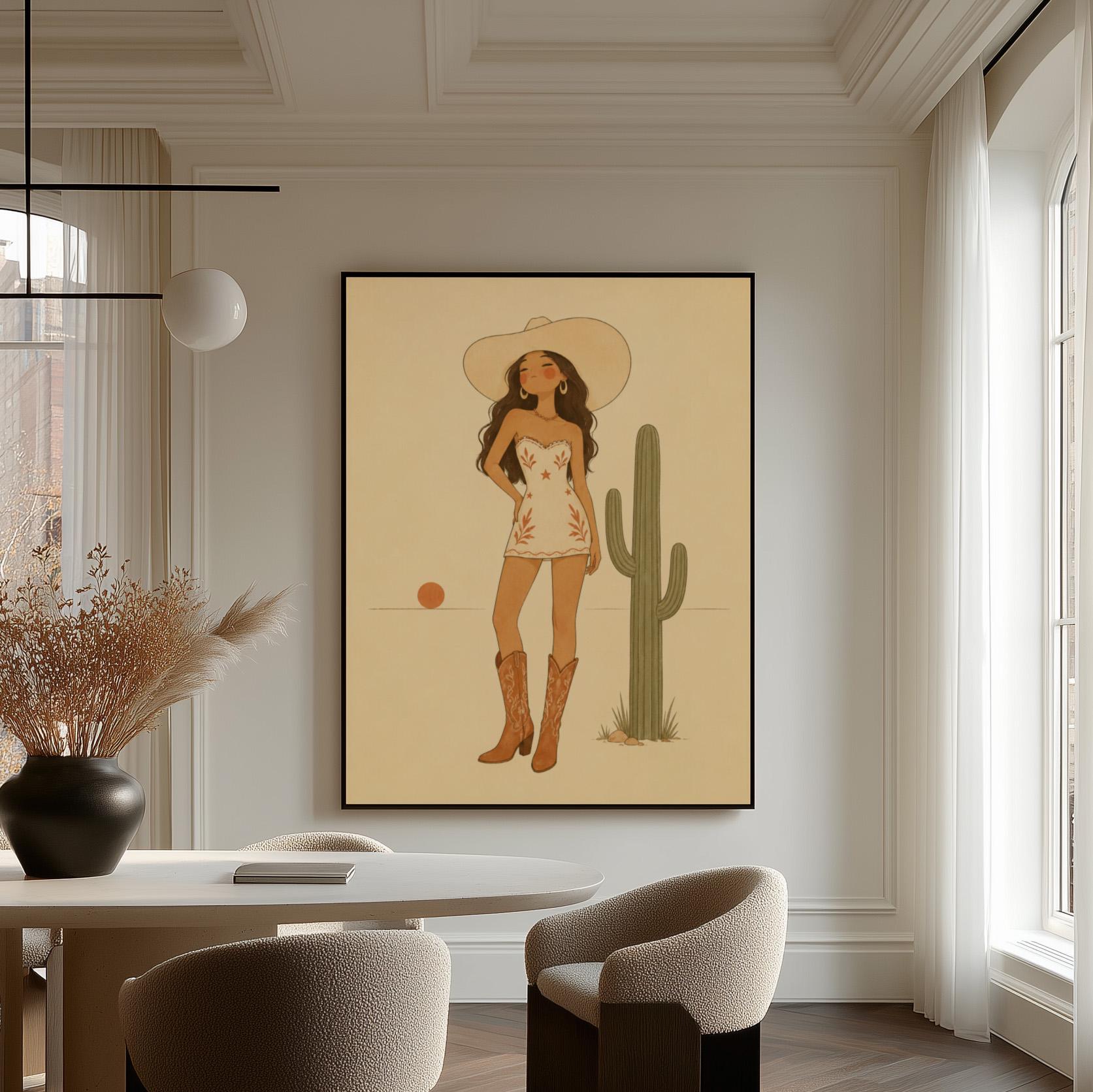 Cowgirl in a white dress and boots beside a saguaro cactus at desert sunset, canvas print styled against a soft white wall