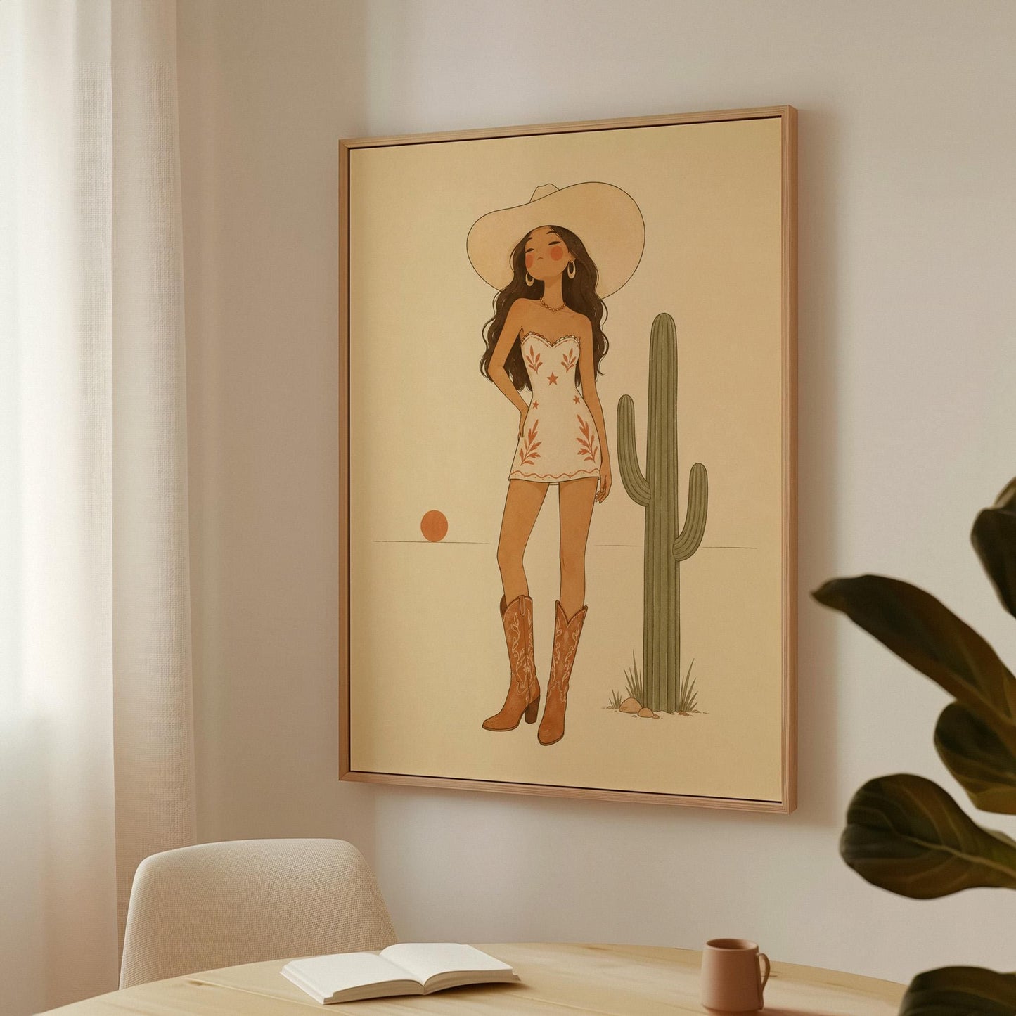 Cowgirl in a white dress and boots beside a saguaro cactus at desert sunset, canvas print seen in a warm interior with natural light