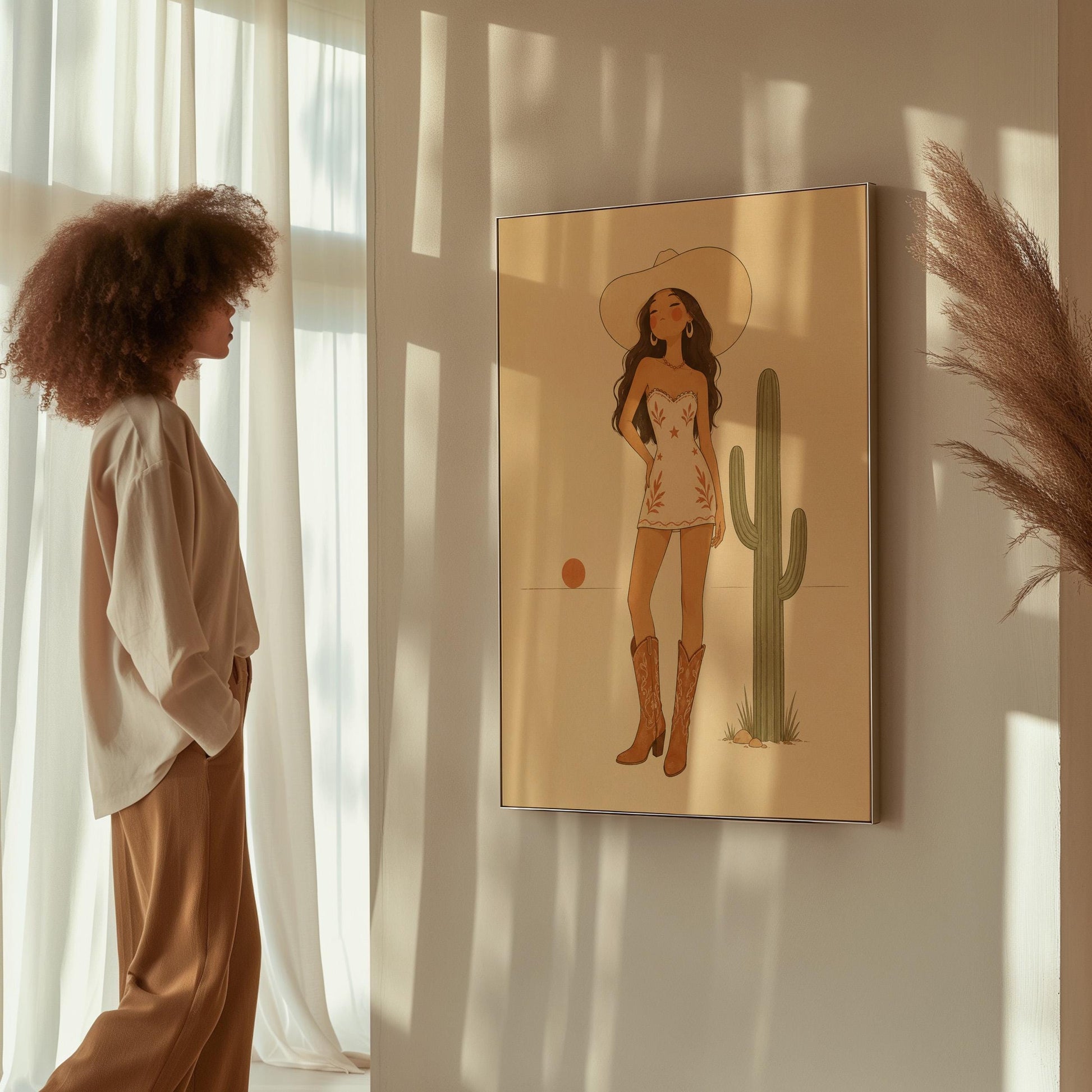 Cowgirl in a white dress and boots beside a saguaro cactus at desert sunset, canvas wall art hanging in a calm, modern living space