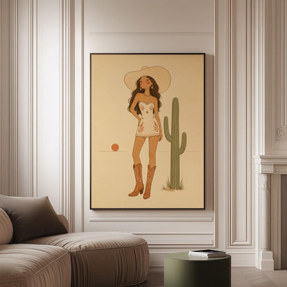 Cowgirl in a white dress and boots beside a saguaro cactus at desert sunset, canvas print on a softly lit wall in a calm interior