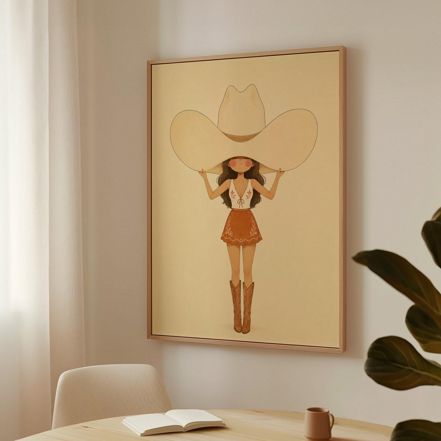 Cowgirl lifting an oversized cream cowboy hat above her head in tall boots, canvas print seen in a warm interior with natural light