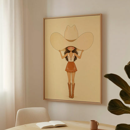 Cowgirl lifting an oversized cream cowboy hat above her head in tall boots, canvas print seen in a warm interior with natural light
