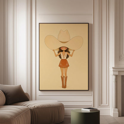 Cowgirl lifting an oversized cream cowboy hat above her head in tall boots, canvas print on a softly lit wall in a calm interior