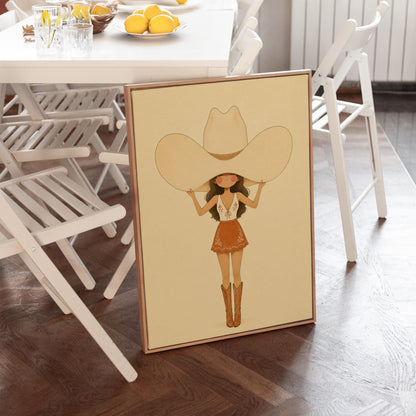 Cowgirl lifting an oversized cream cowboy hat above her head in tall boots, canvas wall art styled against a soft white wall