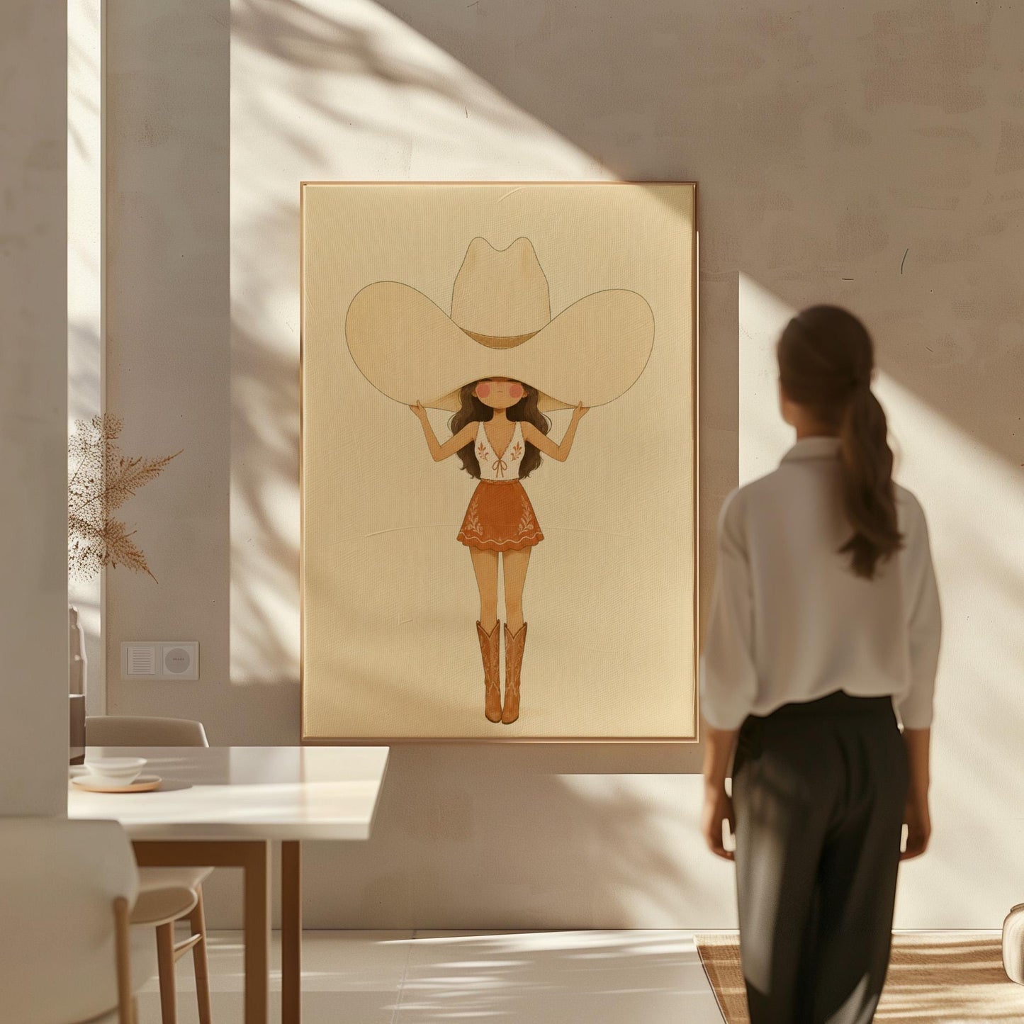 Cowgirl lifting an oversized cream cowboy hat above her head in tall boots, canvas wall art presented in a light, minimal room