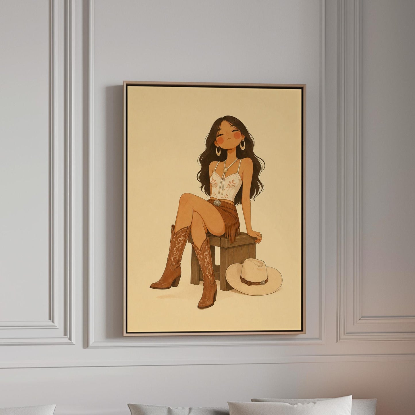 Cowgirl resting on a stool in a fringed skirt and boots with hat on floor, canvas print in a bright room with natural daylight