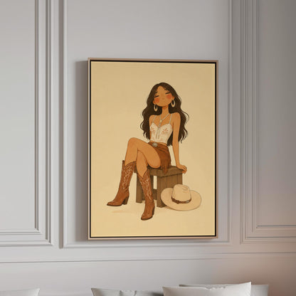 Cowgirl resting on a stool in a fringed skirt and boots with hat on floor, canvas print in a bright room with natural daylight